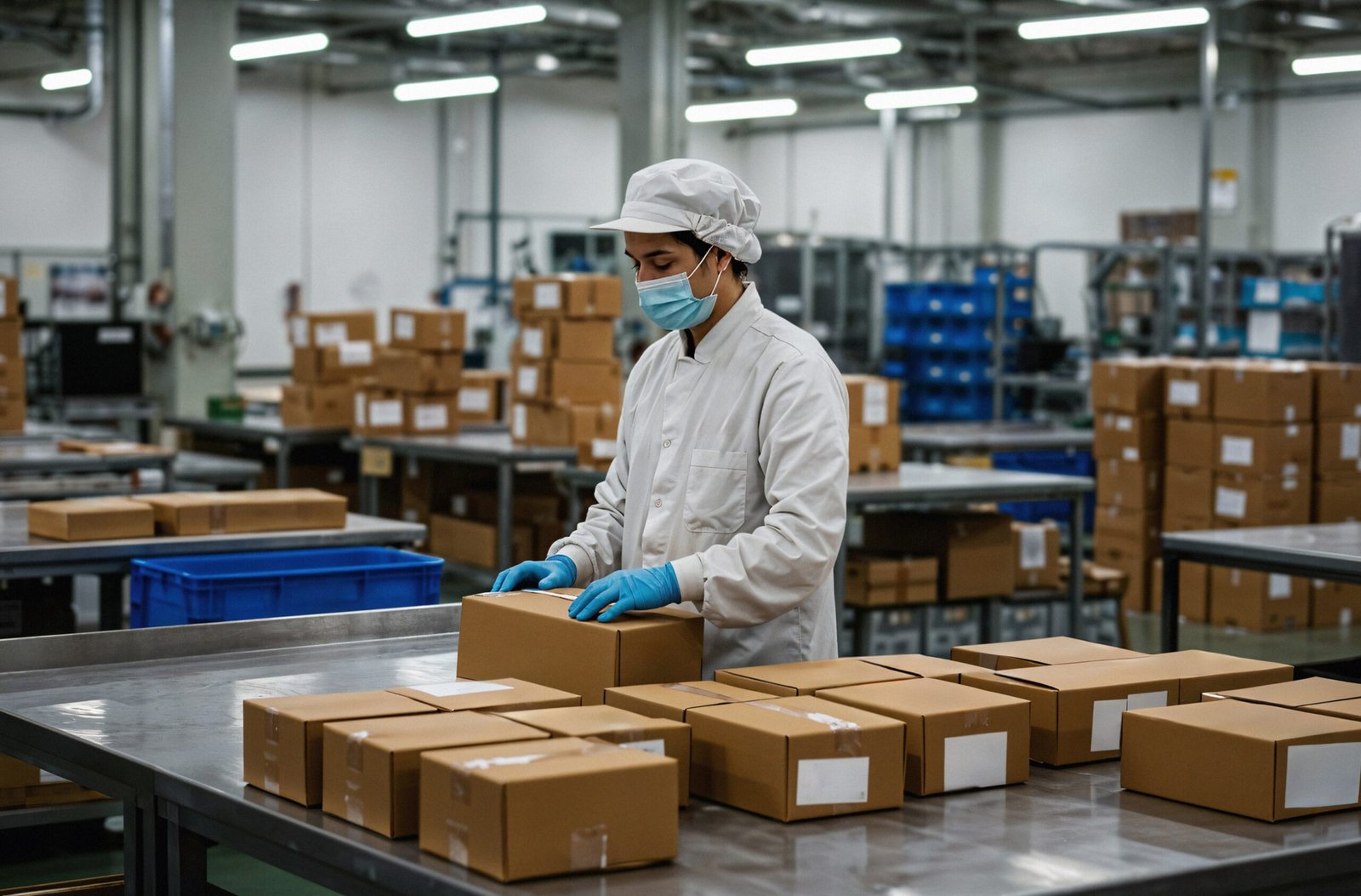 factory worker packaging boxes